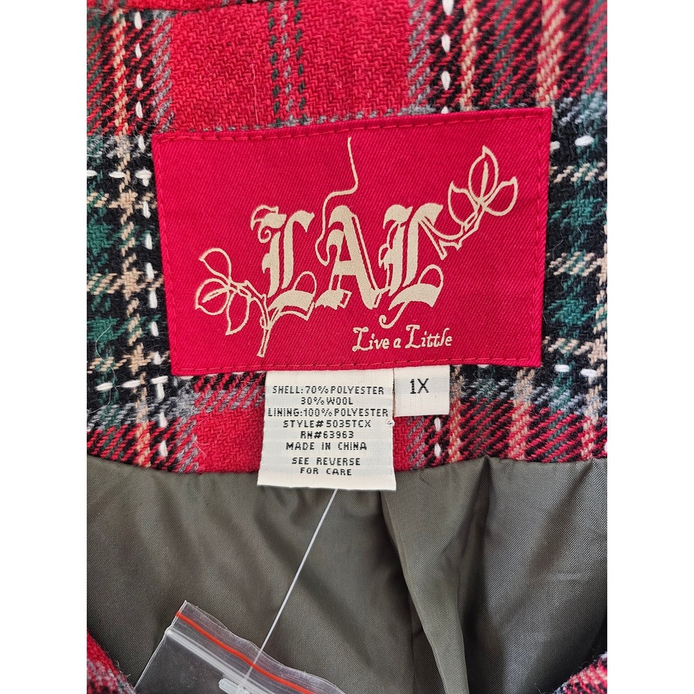 Dark Academia Live a Little Plaid Blazer Womens 1X Red Wool Blend Peplum Jacket - Picture 3 of 10